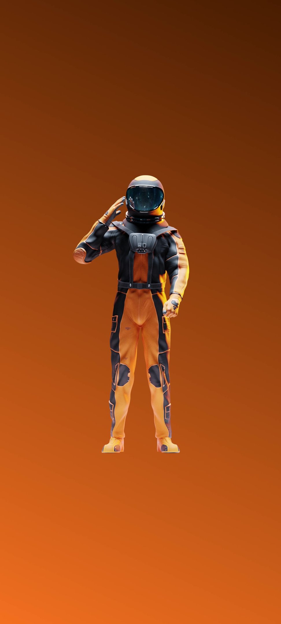 a man in an orange space suit with a helmet on making a salute
