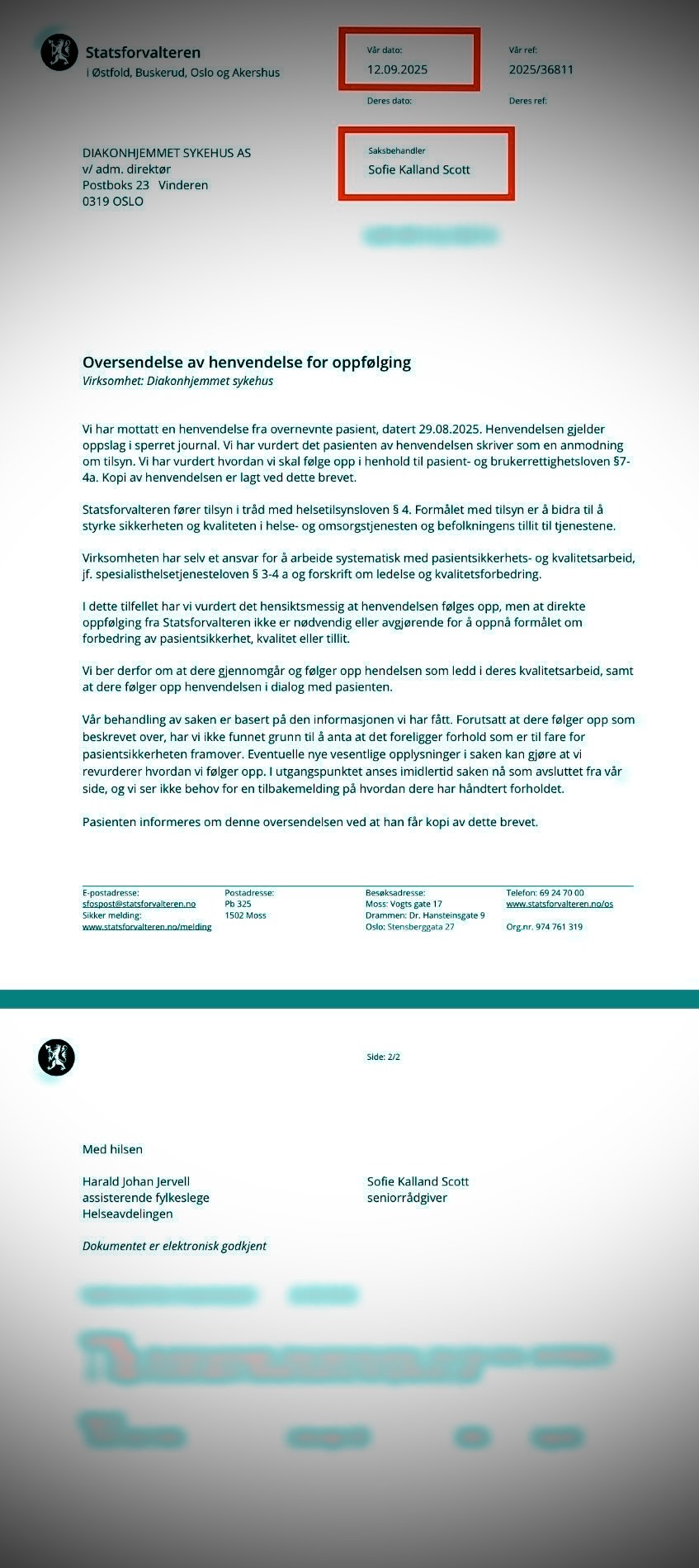 Diakonhjemmet sykehus, Statsforvalteren, Sofie Kalland Scott,Sara Cecilie Wilhelmsen Solheim, 