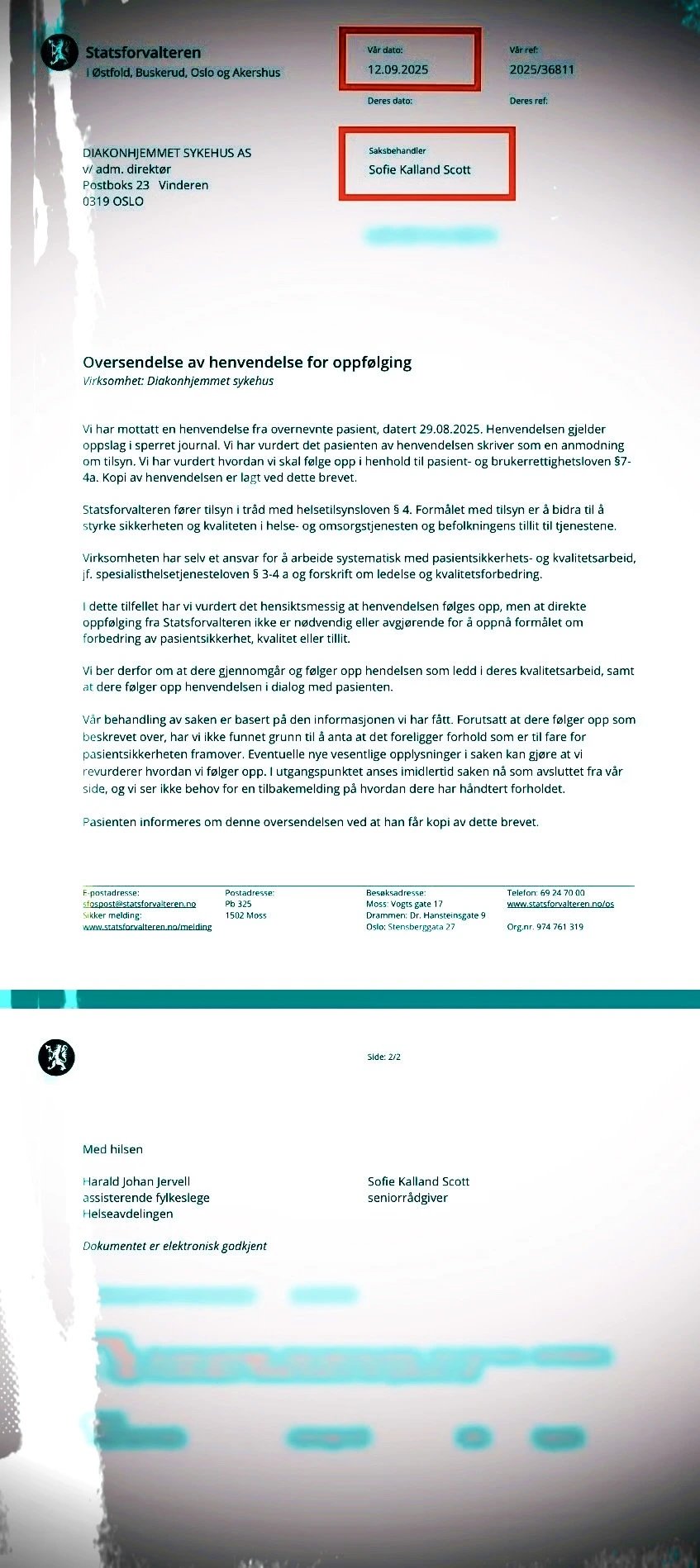 Diakonhjemmet sykehus, Statsforvalteren, Sofie Kalland Scott,Sara Cecilie Wilhelmsen Solheim, 