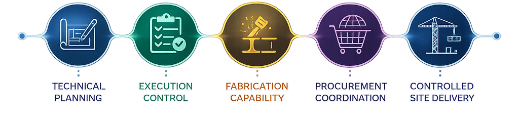 A construction process flowchart showing planning, execution, fabrication, procurement, and site delivery.