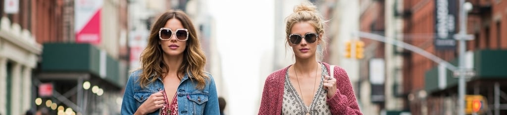Dos mujeres con estilo boho-chic años 2000 usando lentes oversize vintage, street style Nueva York