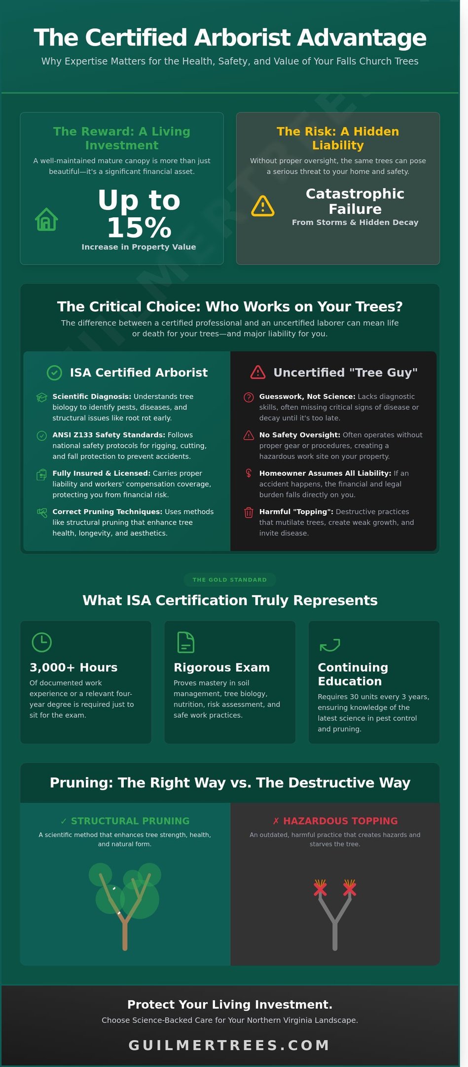 Infographic on why hiring a certified arborist in Falls Church, VA matters for professional tree care and safety.