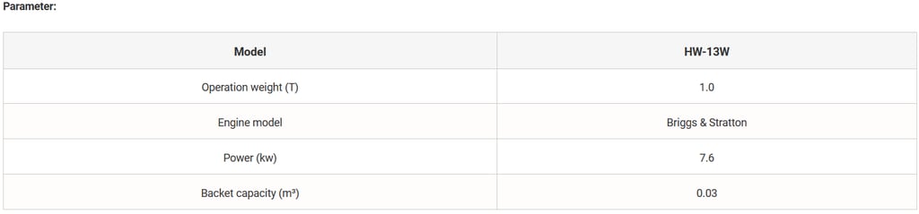 Brand New 1000kg HW-13W Crawler Excavator specification image
