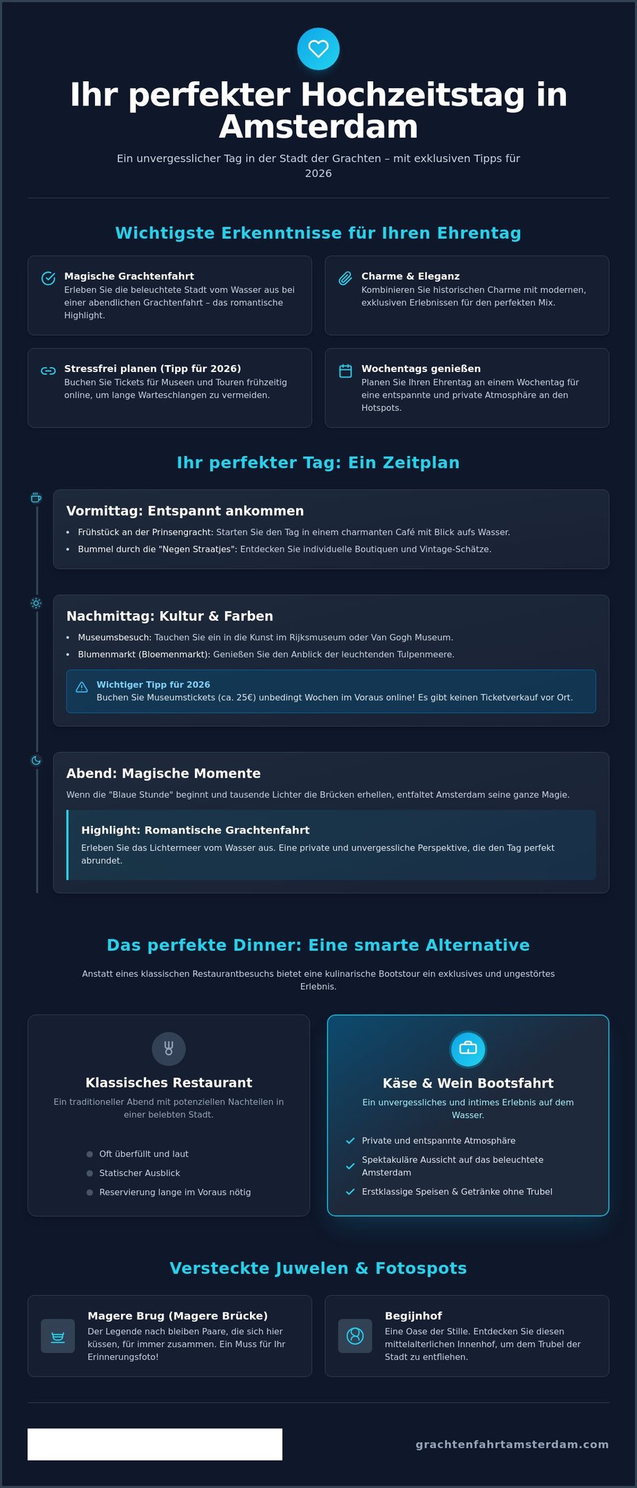 Infographic for planning a romantic wedding day in Amsterdam featuring canal cruises and hidden gem photo spots.