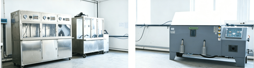 Industrial waterflow,lifecycle test equipment and salt spray test chambers in a laboratory facility.