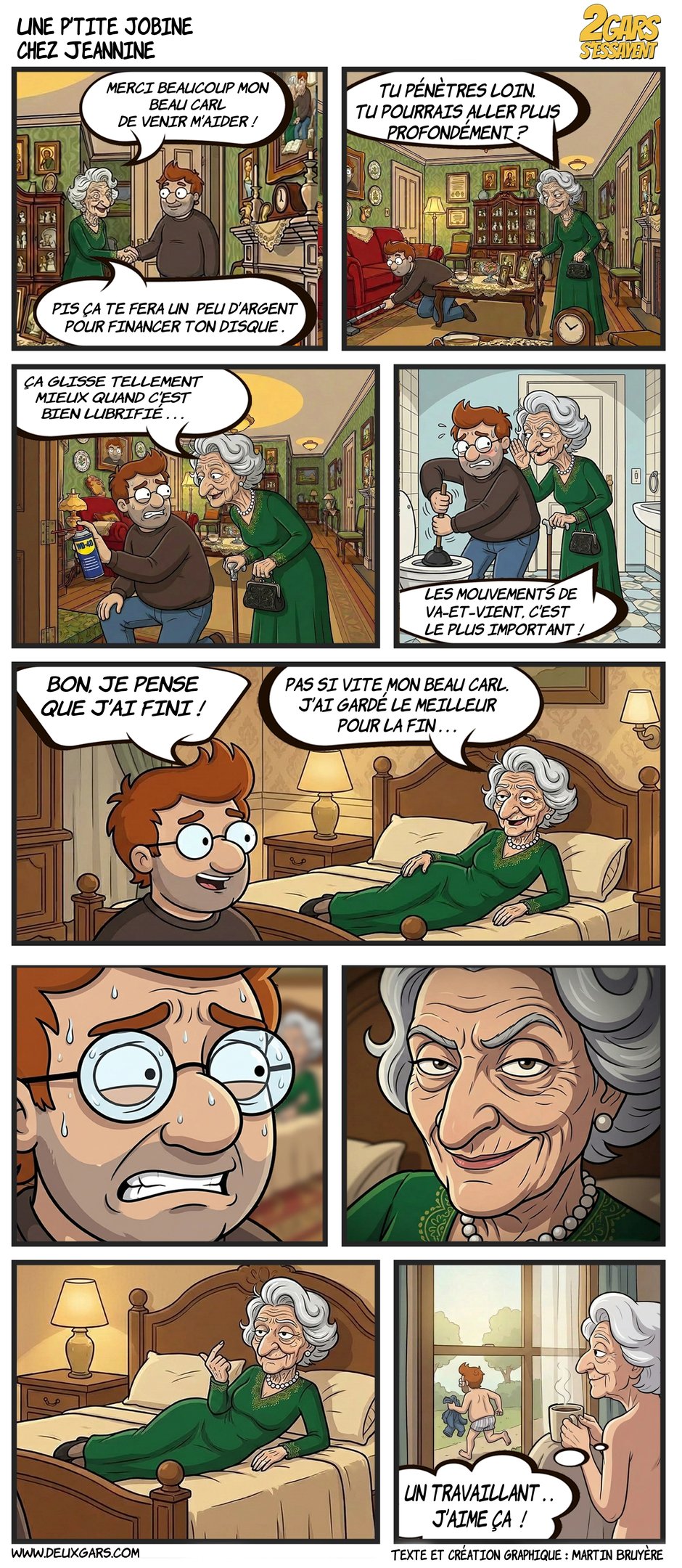 A French comic strip titled Une P'tite Jobine Chez Jeannine featuring a young man helping an elderly lady with household
