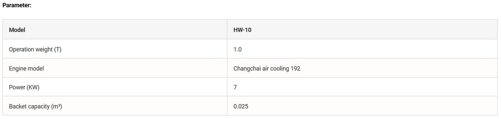 Brand New 1000kg HW-10 Euro V Crawler Excavator specification image