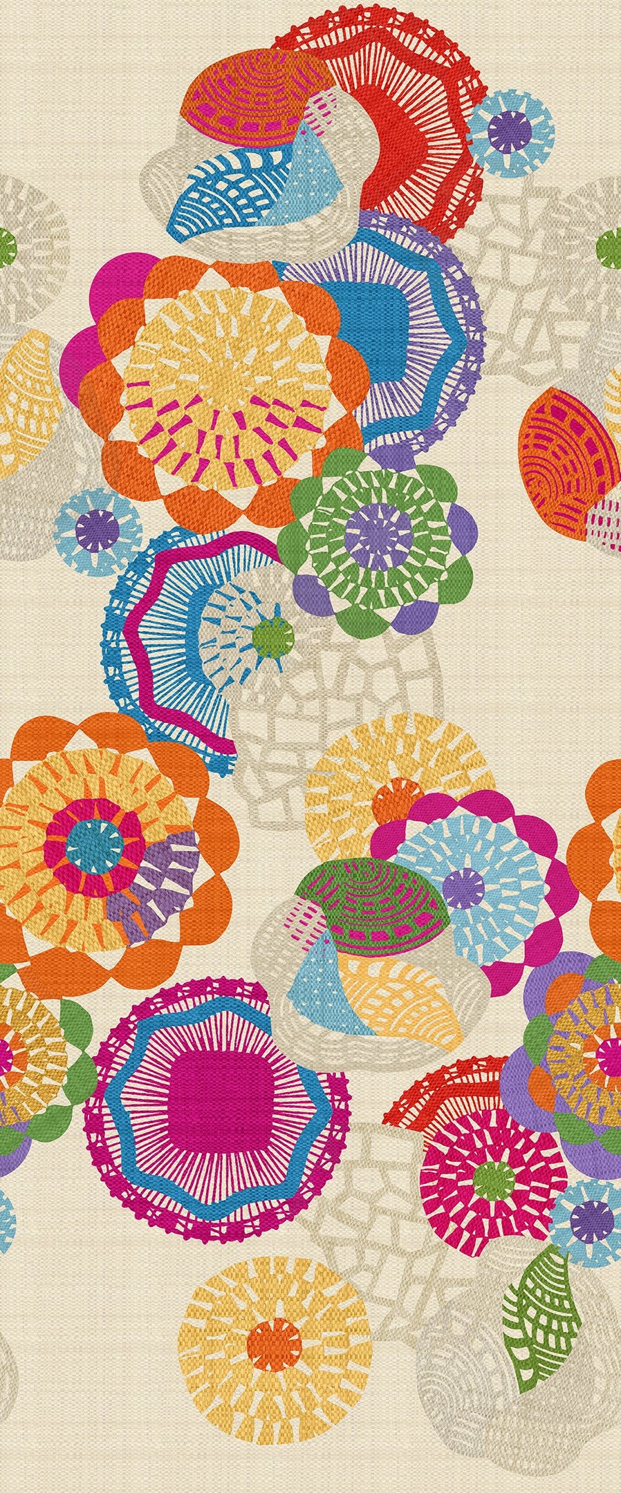 Estampa digital de formas circulares, coloridas e textura de palha, remete ao artesanato brasileiro
