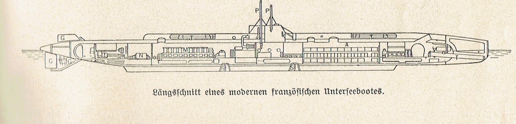 Vue longitudinale d'un sous-marin français