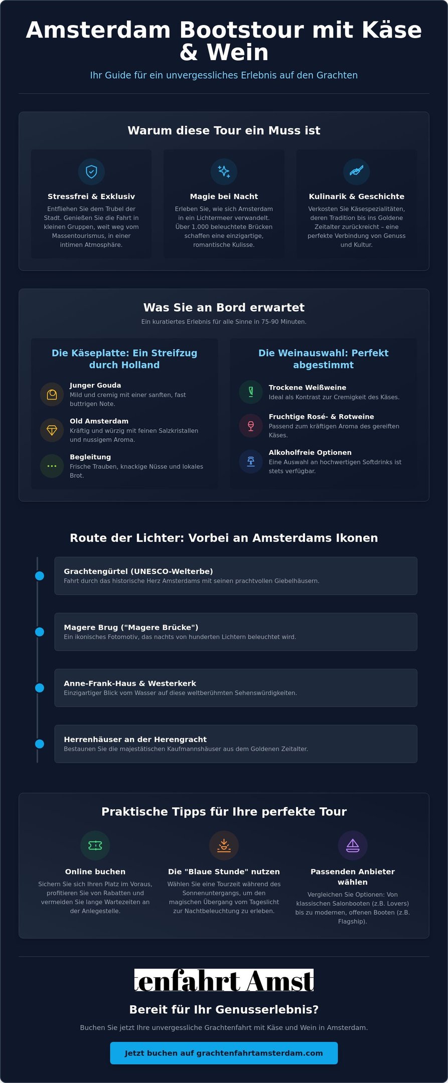 Infographic for an Amsterdam cheese and wine canal boat tour showing tour benefits, menu details, and route highlights.