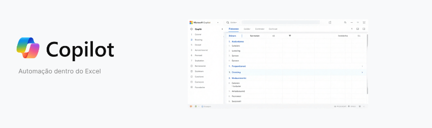 Interface do Microsoft Copilot mostrando recursos de automação de IA em um painel de planilha do Exc