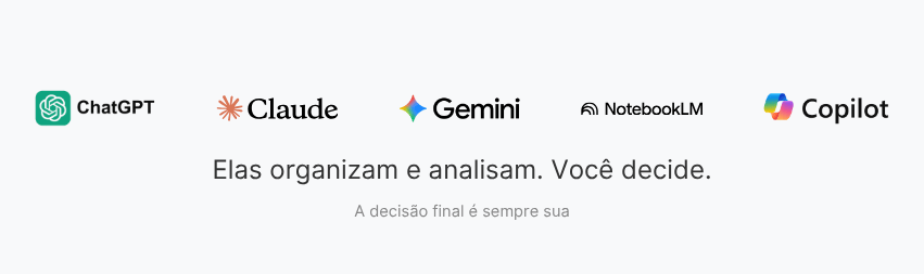 Logotipos das ferramentas de IA ChatGPT, Claude, Gemini, NotebookLM e Copilot com texto em português