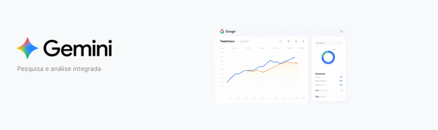 Logotipo do Google Gemini com painel integrado de pesquisa e análise de dados, exibindo gráficos de