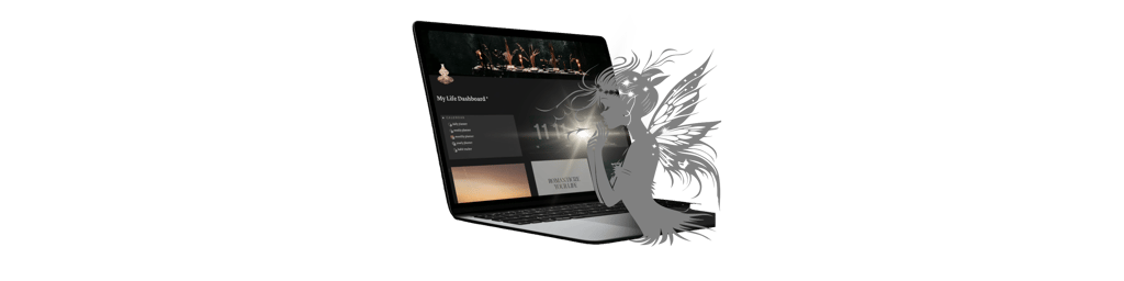 Laptop displaying a My Life Dashboard planner with a mystical fairy illustration on a dark background.