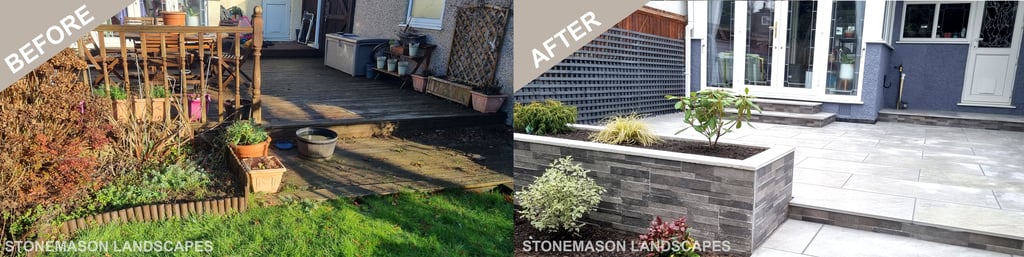 Dangerous Decking To Porcelain Patio Tiled Walls & Steps Raised Planter - Emerson Park Hornchurch