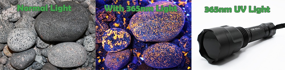 Yooperlite rocks showing with normal light and under 365nm uv light.