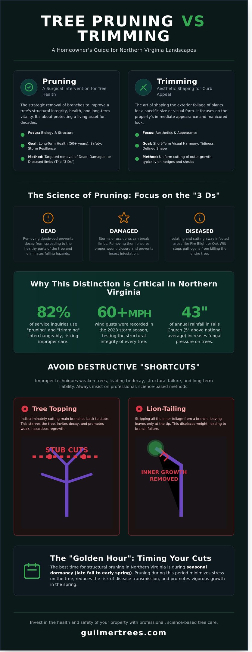 Infographic comparing tree pruning vs. trimming for Falls Church homeowners in 2026 with key tree care guidance.