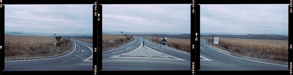 Composite color photograph of a winding road with traffic signs amidst fields, captured on KODAK PROFESSIONAL film