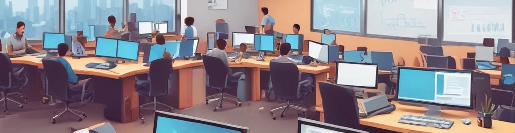 A modern newsroom with journalists working on computers.