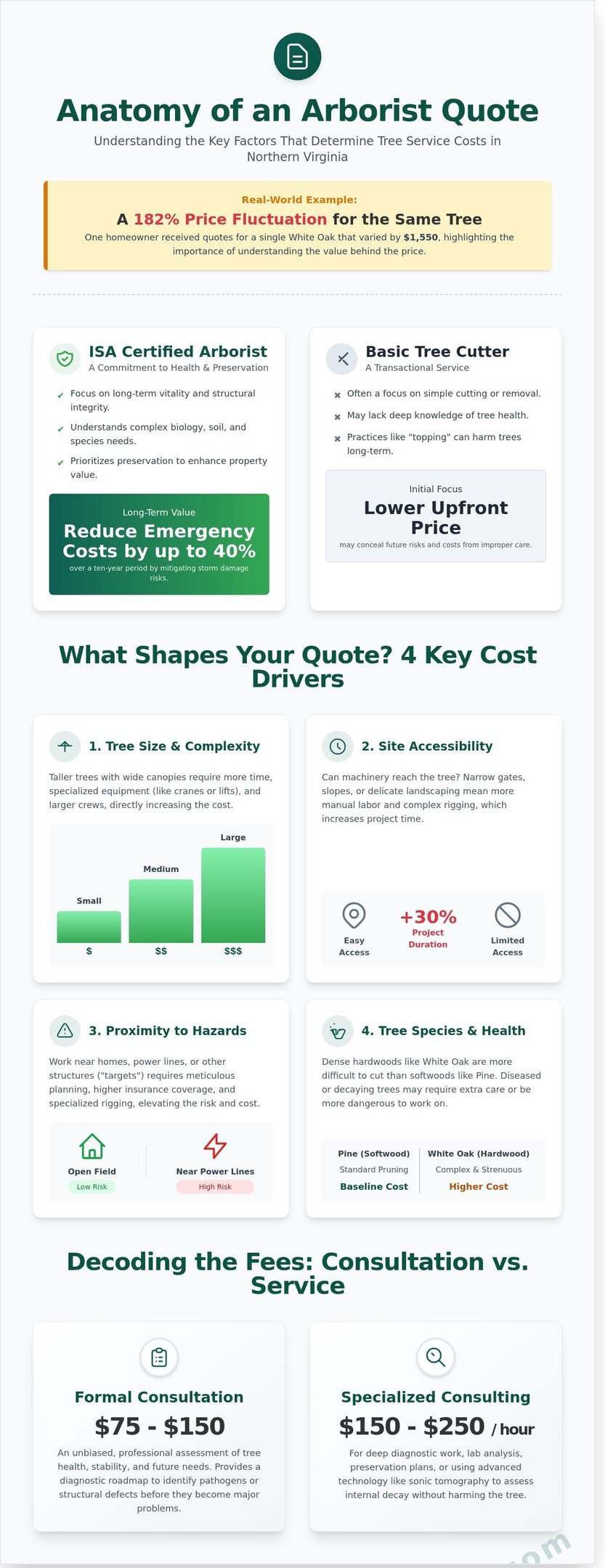 Infographic outlining 2026 arborist costs in Falls Church, VA to guide homeowners on pricing and hiring decisions.