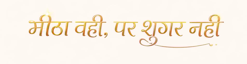 Golden Hindi text on a beige background reading Meetha Wahi Par Sugar Nahi for sugar-free products.