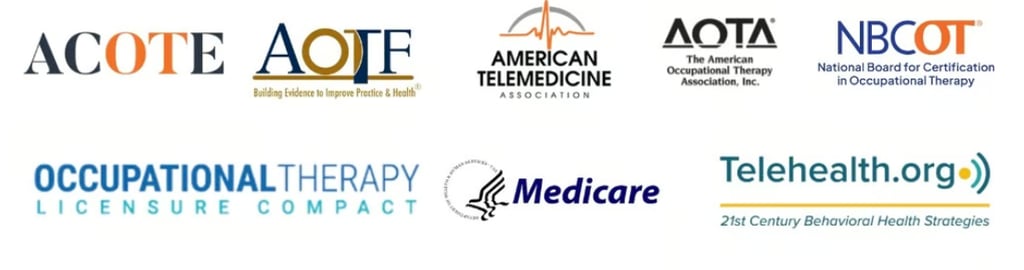 Logos for occupational therapy and telehealth organizations including AOTA, ACOTE, NBCOT, and Medicare.