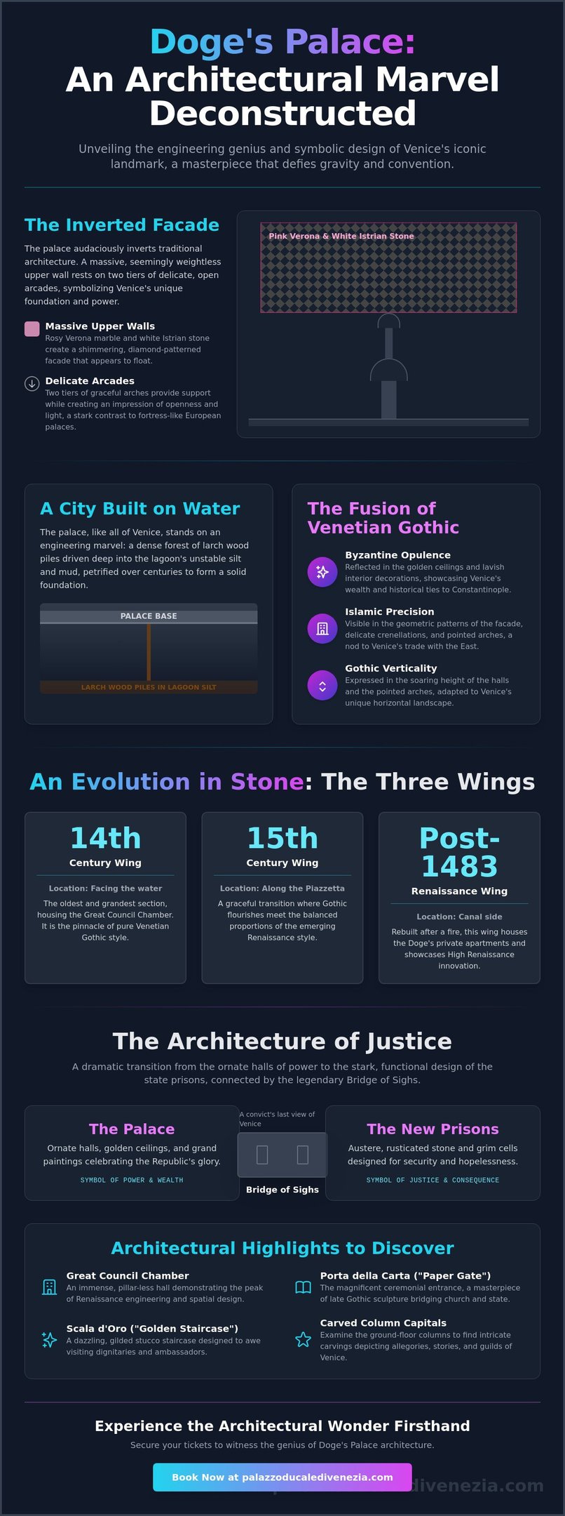 An educational infographic about Doge's Palace in Venice detailing its Venetian Gothic architecture and history.