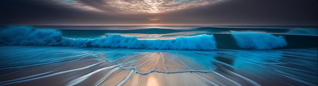 A sunset view of waves breaking on a beach