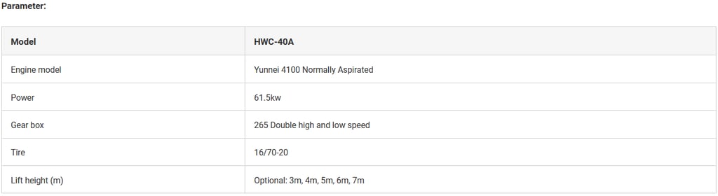 Brand New 61.5kw HWC-40A All Terrain Forklift specification image
