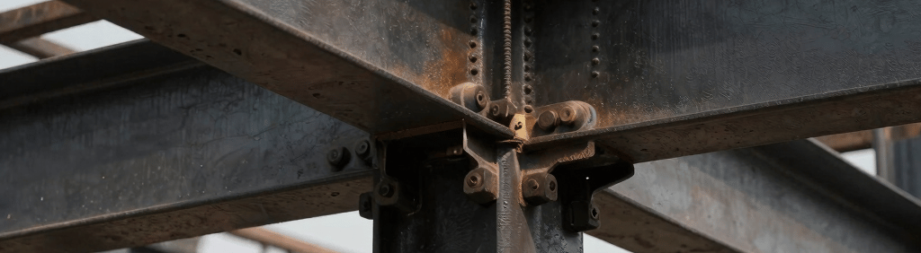 Heavy structural steel columns and beams assembled on site in CDMX, dramatic natural daylight showing precise bolted connections