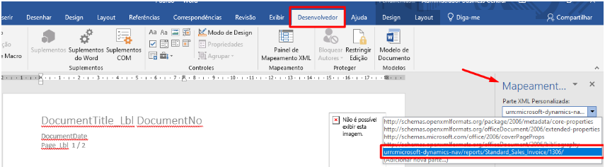 Microsoft Word XML mapping pane showing Dynamics NAV sales invoice data fields for document design.