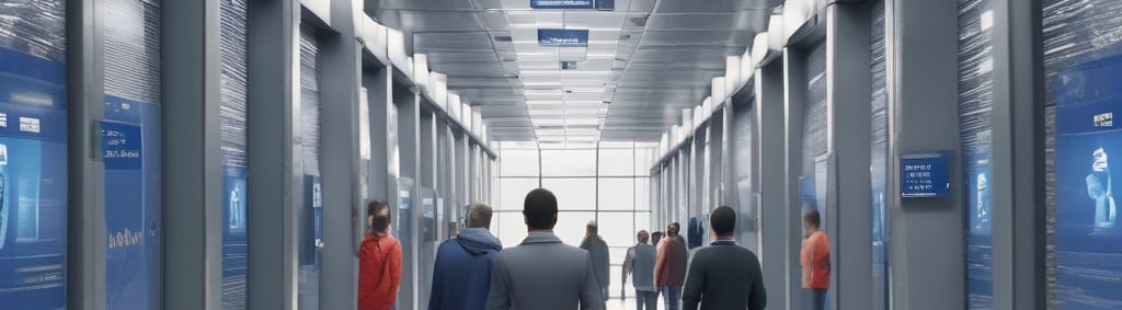 a man walking down a hallway with people walking by