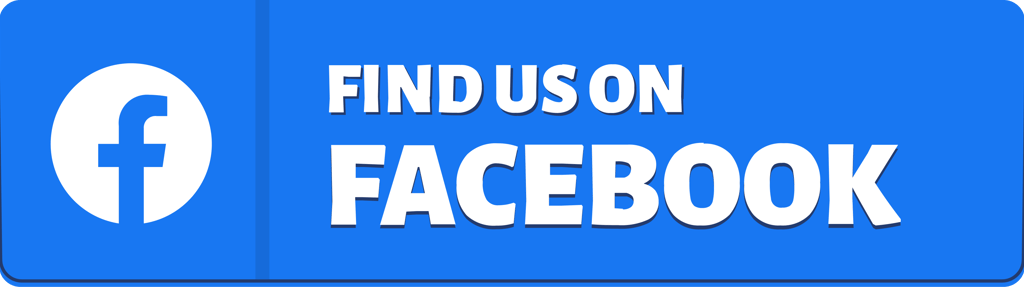 Blue Find Us On Facebook social media button with white logo and bold text.