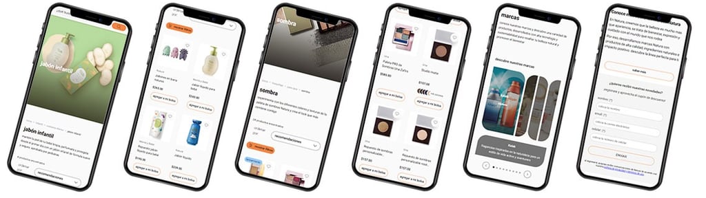 Seis smartphones mostrando uma interface de aplicativo de comércio eletrônico.
