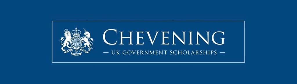 Chevening Scholarships logo with a blue banner, white text, and a white UK coat of arms at the top
