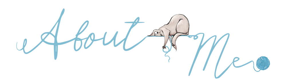 About me header whimsical illustration soft scrip lettering cute grey cat ball of yarn illustration artwork art