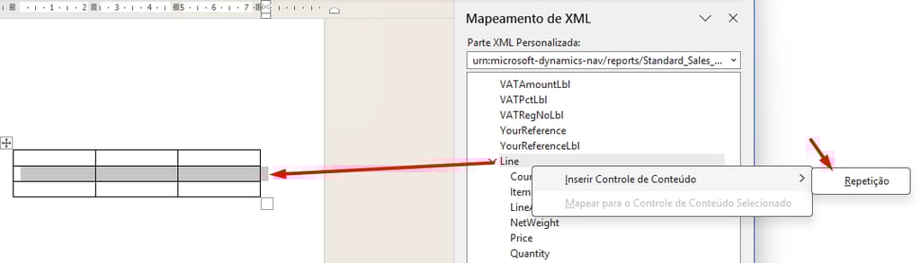 Microsoft Dynamics NAV XML mapping interface showing how to insert a repeating content control in Word.