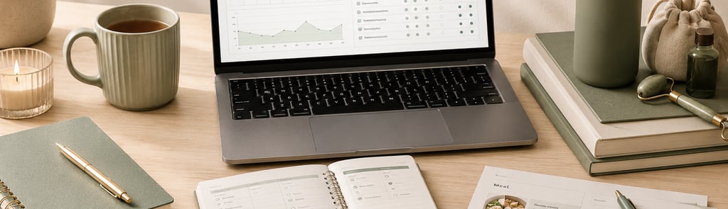 Laptop showing a habit and life planning dashboard with wellness tools, meal planner, checklist, not