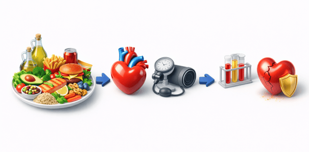 Figura 4. Caminho conceitual 3D: padrão alimentar → mediadores → risco cardiovascular. (Arte: Nutro 