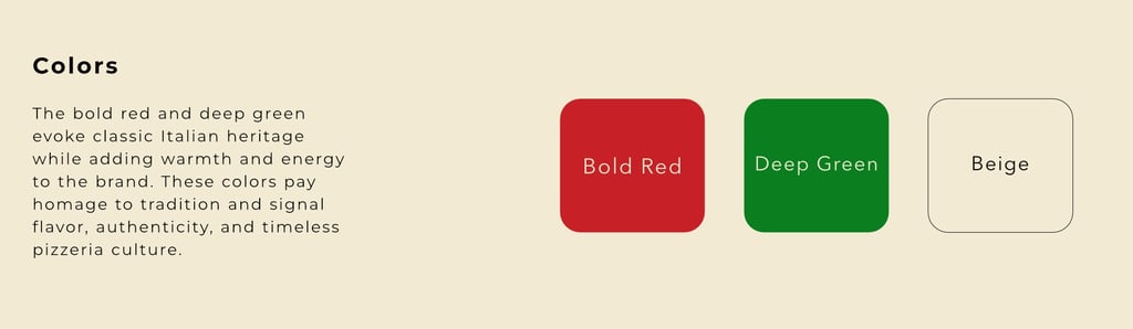 Massimo’s Pizza rebrand color palette with bold red, deep green, and beige.
