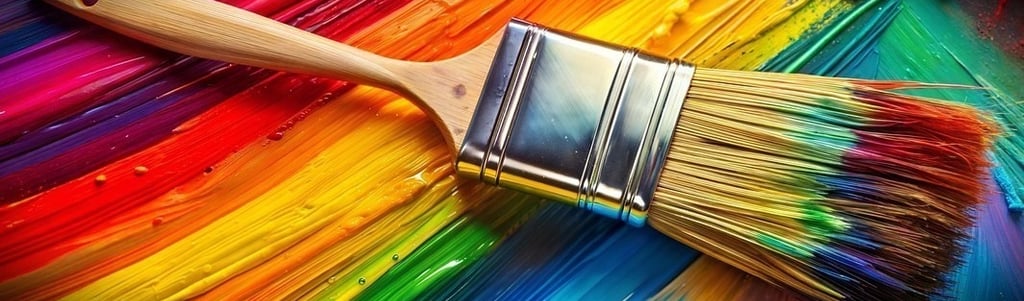 Paint brush with colors on its tip and bright colors in the background.