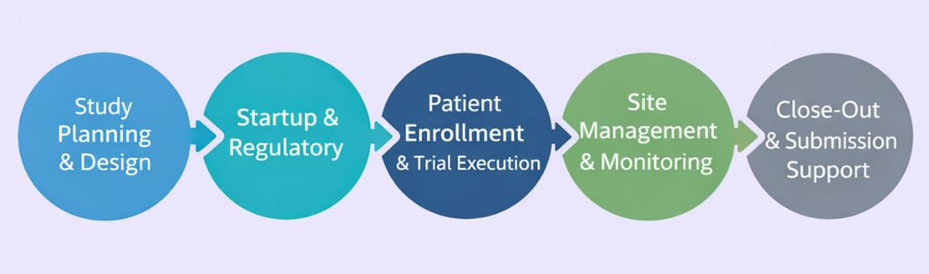 Clinical trial process flow showing study planning, patient enrollment, and site management stages.
