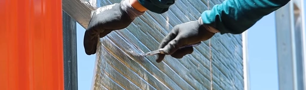 Person installing insulation on metal building