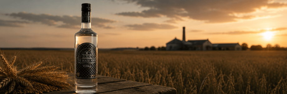 Een fles The House Pour Vodka op een houten tafel in een tarweveld bij zonsondergang, vlakbij een d