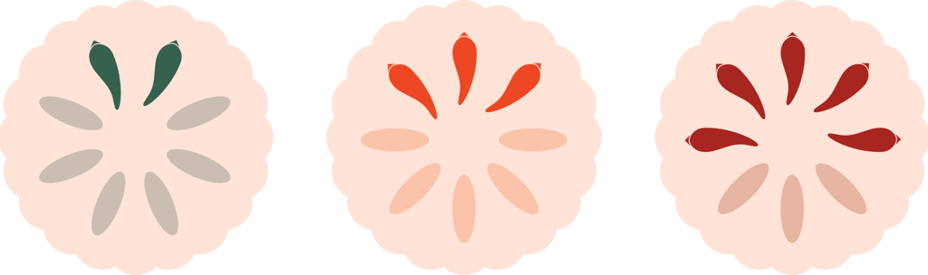 Three spice meters, which show a number of seeds, or chilli peppers, based on the heat level.