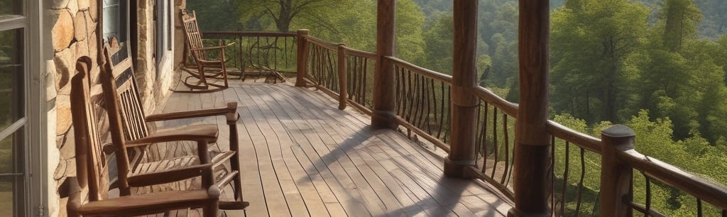 A calm front porch with a wooden rocking chair beside a mature tree, bathed in soft natural light.