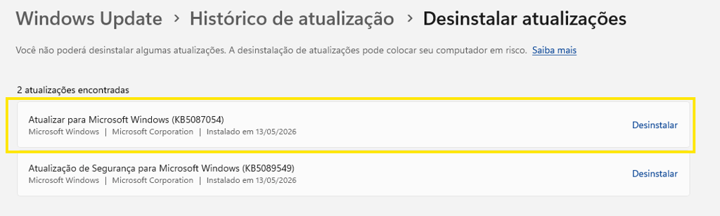 Desinstalar a Última Atualização Cumulativa