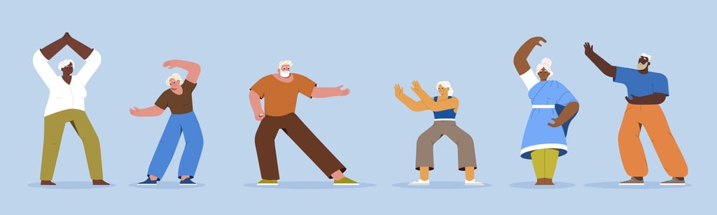 Diverse group of active seniors practicing Tai Chi and qigong exercises for healthy aging.