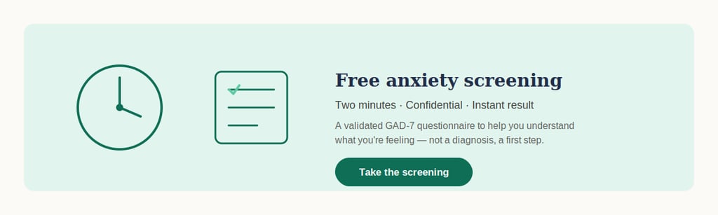 A banner for a free GAD-7 anxiety screening questionnaire with icons and a call to action button.