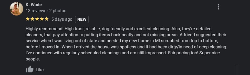 5 star review for the good housekeeper, a cleaning company